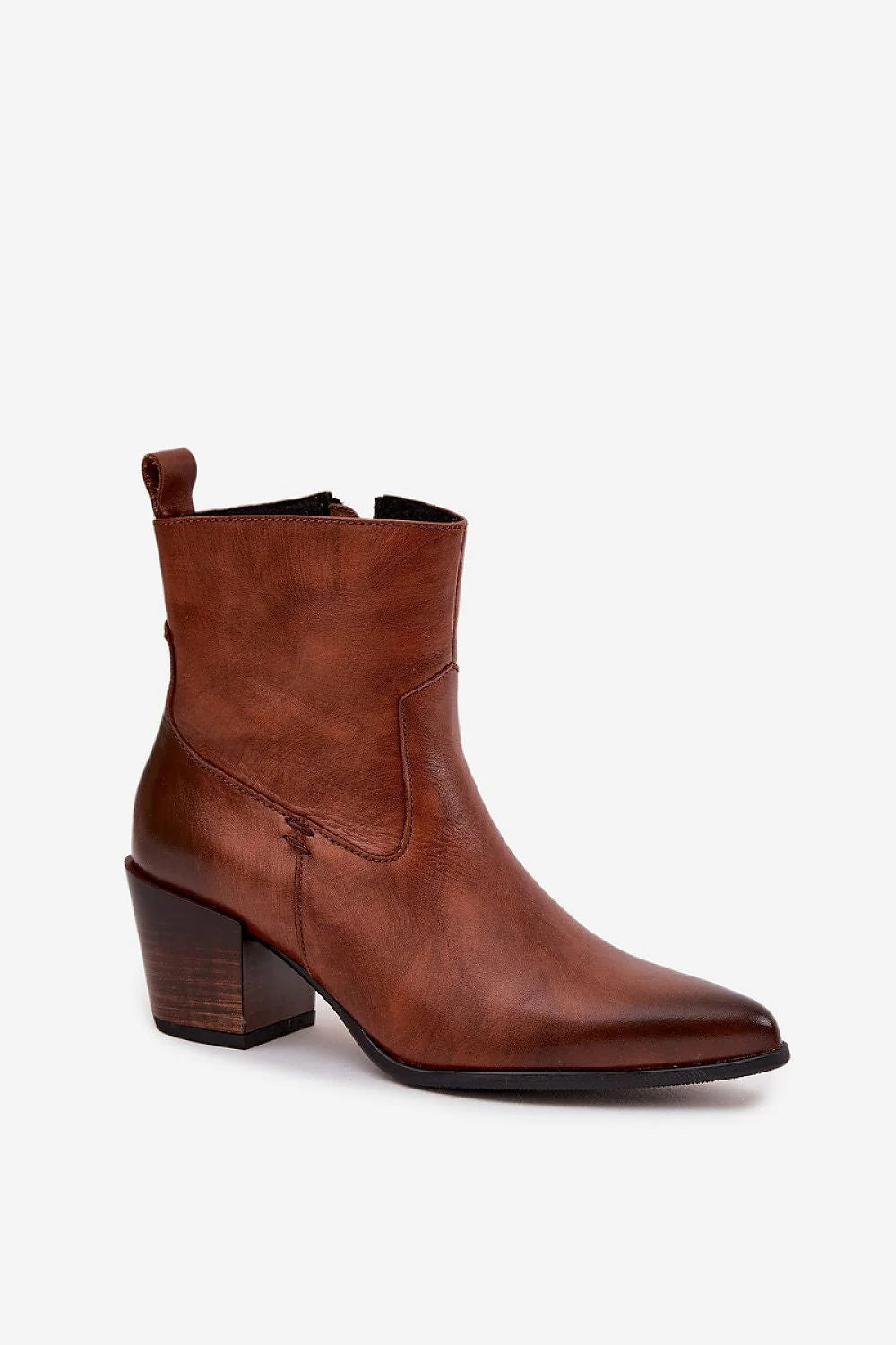 bottines cuir naturel cognac femme western chelsea cheville bout pointu talon bloc effet bois fermeture éclair latérale surpiqûres doublure chaude