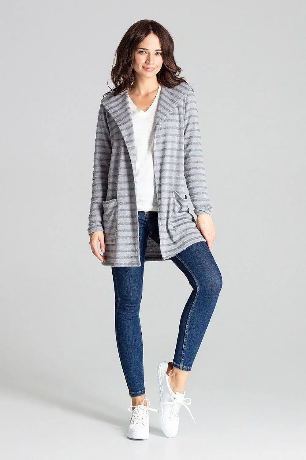 Cardigan femme maille rayée douillette style casual capuche poches pratiques pour quotidien et loisirs