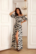 Robe élégante longue rayures noires blanches col bardot ceinture taille fente latérale coton polyester femme