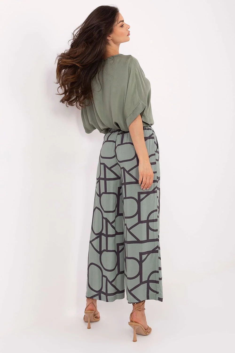 ensemble femme palazzo pantalon imprimé géométrique vert olive haut colV fluide manches larges viscose léger taille élastique cordon pompons poches