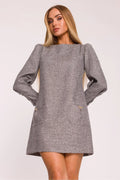 robe tweed chiné gris mini trapèze manches ballon col bateau poches plaquées nœuds bijouterie dorés femme ajustée