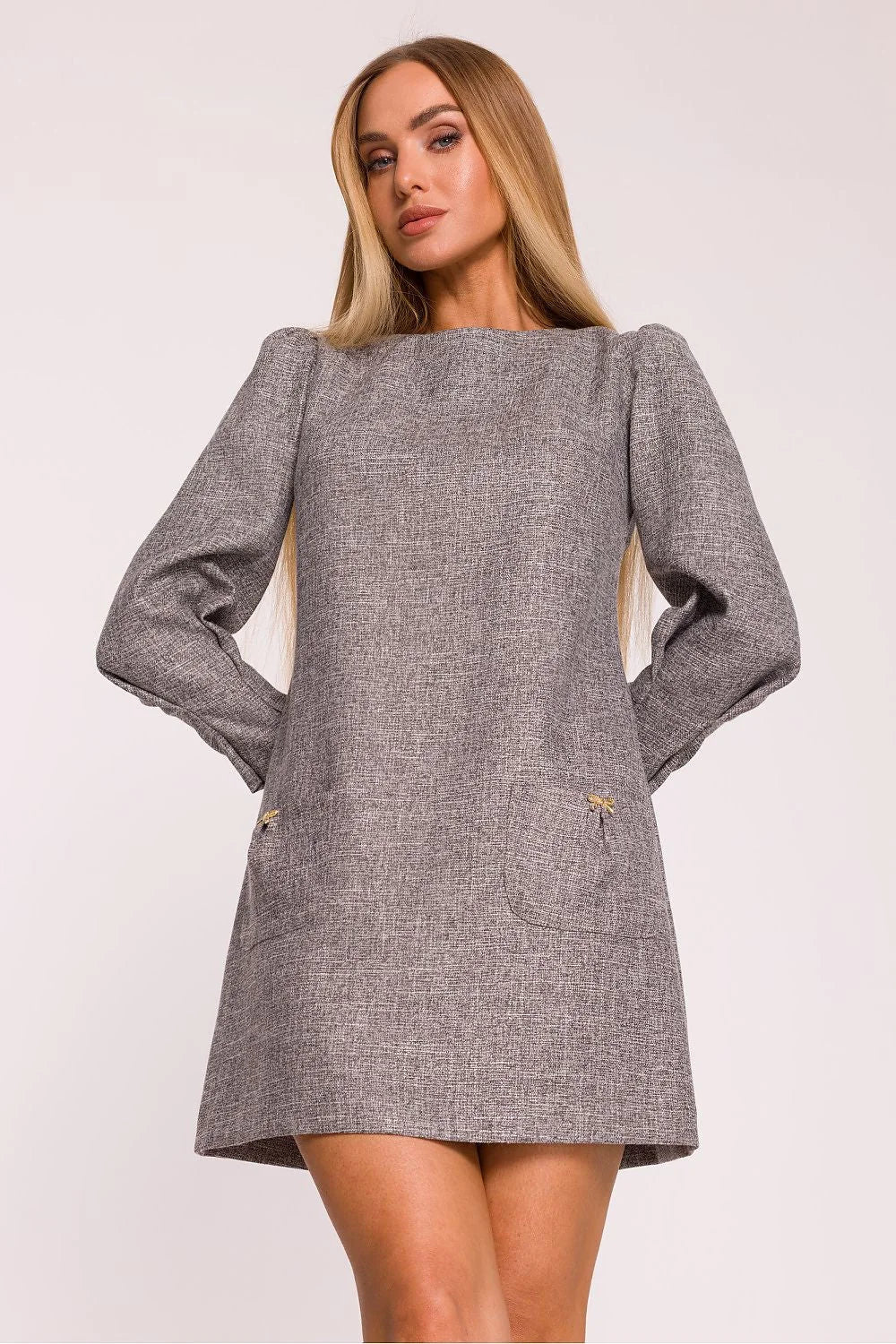 robe tweed chiné gris mini trapèze manches ballon col bateau poches plaquées nœuds bijouterie dorés femme ajustée