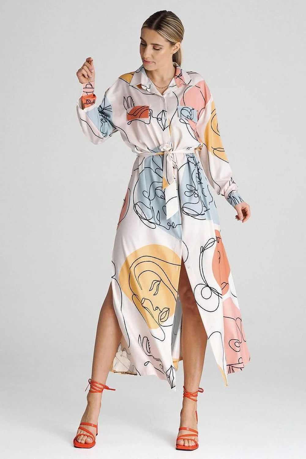 Robe de jour artistique longue manches longues col chemisier ceinture nouée fentes latérales polyester elasthanne femmes