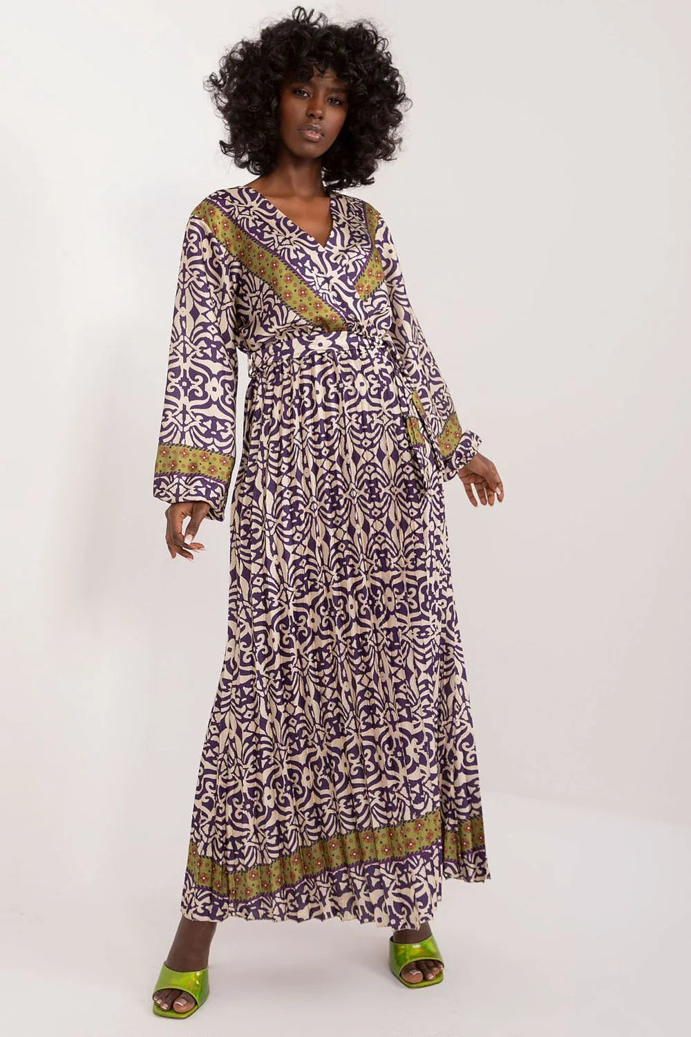 Robe longue colorée Italy Moda pour femme, imprimé tribal, manches longues, encolure V, ceinture incluse