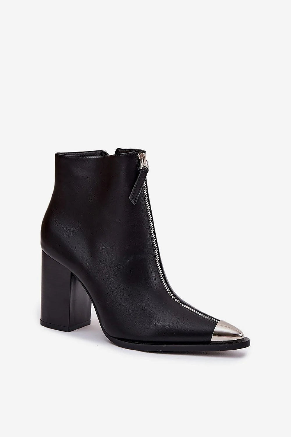 bottines femme cuir synthétique noir tige cheville talon bloc 9cm maintien élégant fermeture éclair frontale apparente embout métallique argenté pointu