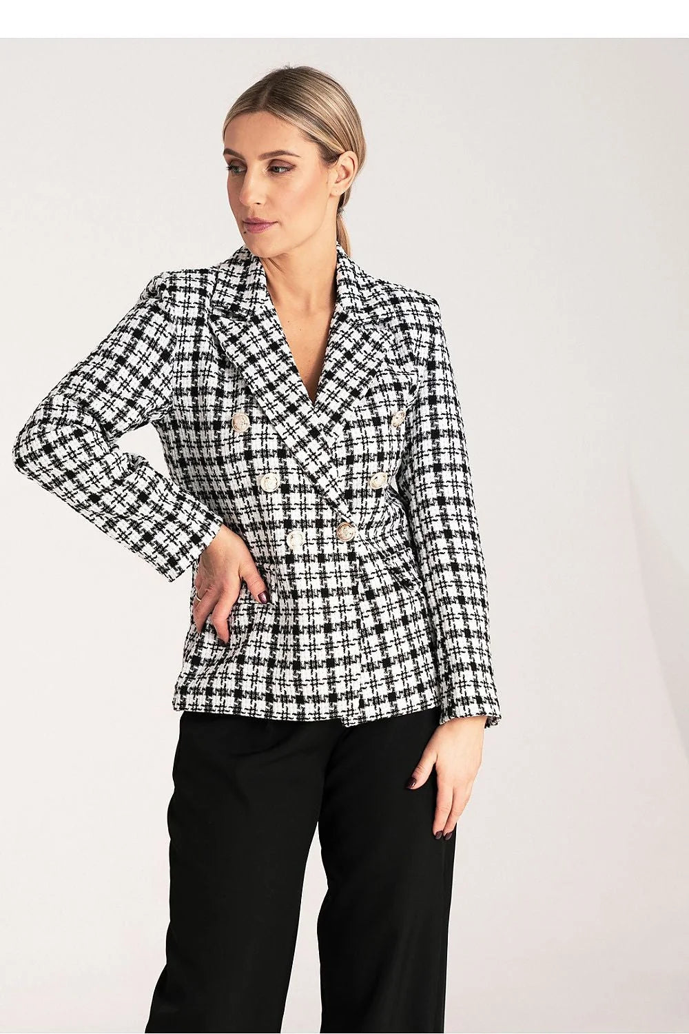 Veste blazer femme carreaux élégant professionnelle double boutonnage tissu jacquard coton polyester taille ajustable