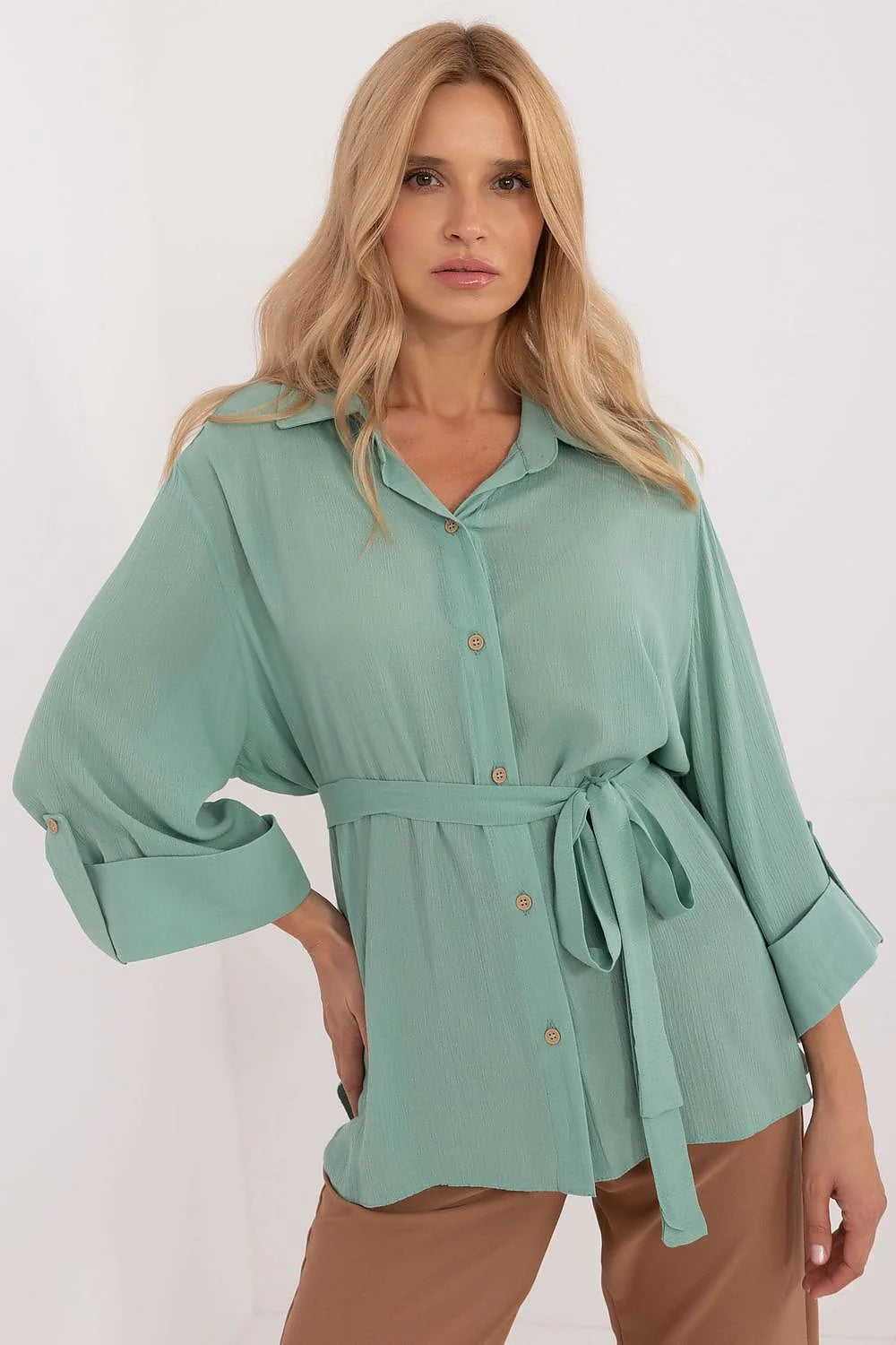 Chemise féminine décontractée Lakerta en coton vert menthe manches longues col classique ceinture ajustable mode polyvalente