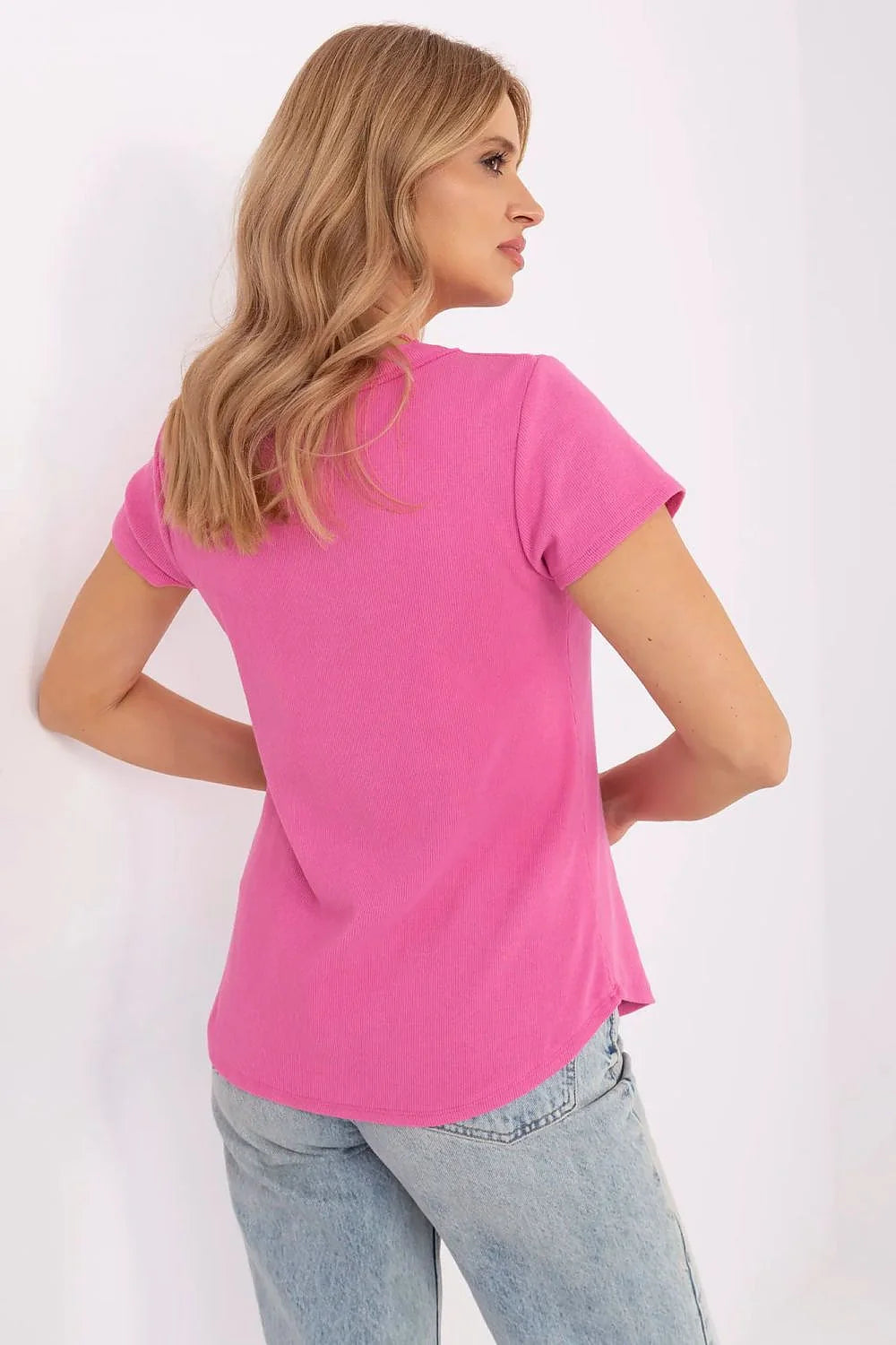 T-shirt femme style décontracté col V rose vif manches courtes en coton doux ajusté élégant pour quotidien et travail