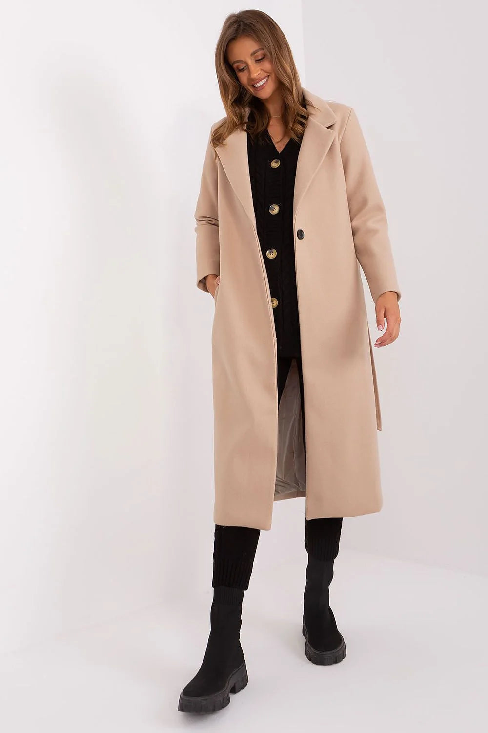 Manteau Och Bella long élégant femme style classique beige coupe droite col revers poches latérales polyester doublure chaude