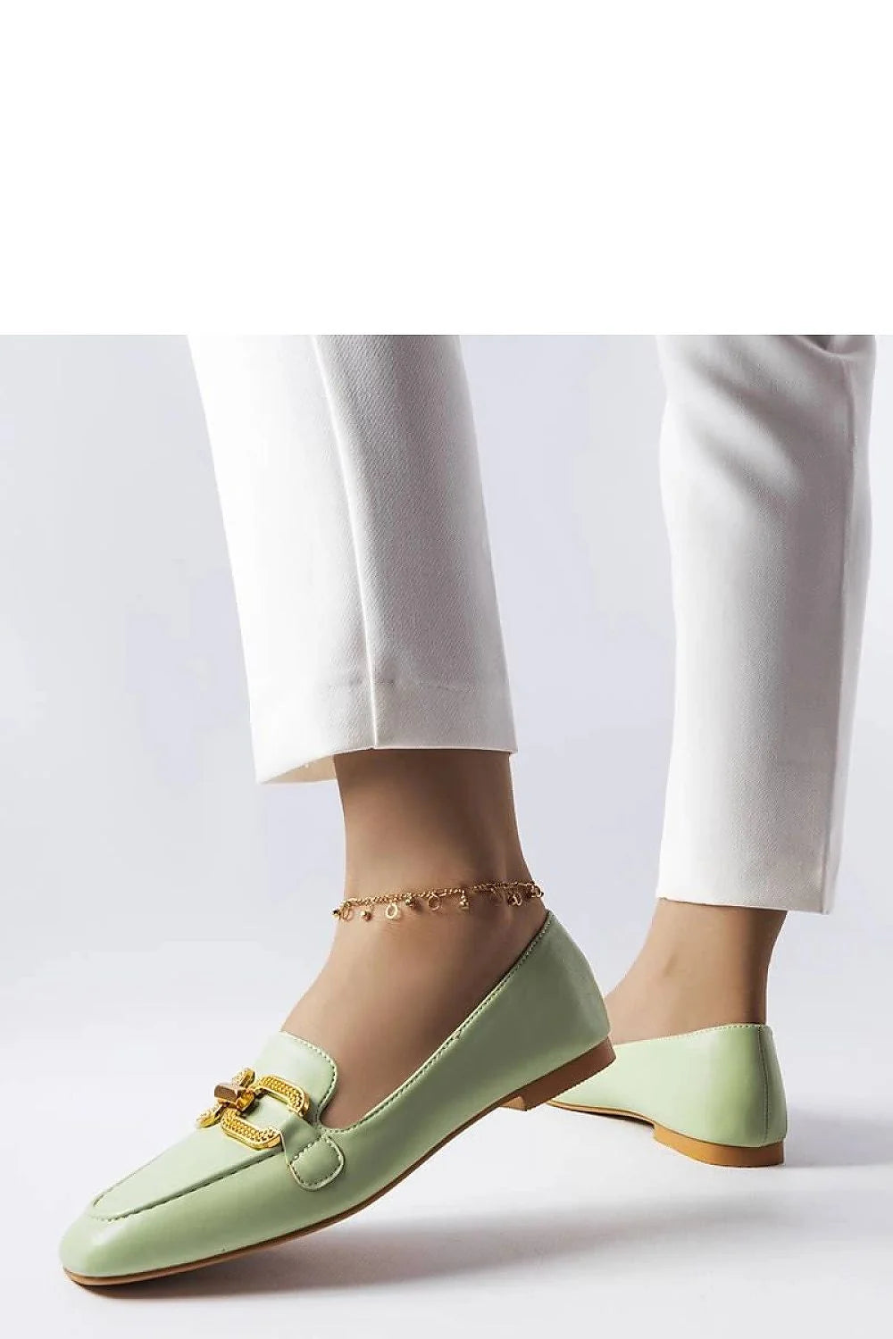 mocassins Solea femmes vert menthe chaîne dorée cuir synthétique lisse bout carré talon bas semelle fine doublure mousse confortables chic