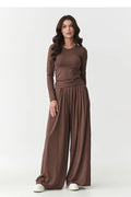 ensemble loungewear femme viscose doux chemisier manches longues fronces taille marquée pantalon palazzo taille élastique jambe large plissée poches chocolat