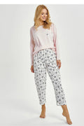 pyjama femme deux pièces coton doux confortable manches longues encolure ronde rose pâle imprimé floral pantalon taille élastique