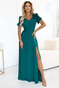 robe longue soirée émeraude ajustée taille jupe fluide fente latérale col cœur manches bouffantes épaule fleur 3D détachable tombé structuré