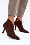 bottines femme suède écologique marron chocolat talon fin bout pointu tige asymétrique fermeture éclair latérale élégante habillée confortable stylée moderne