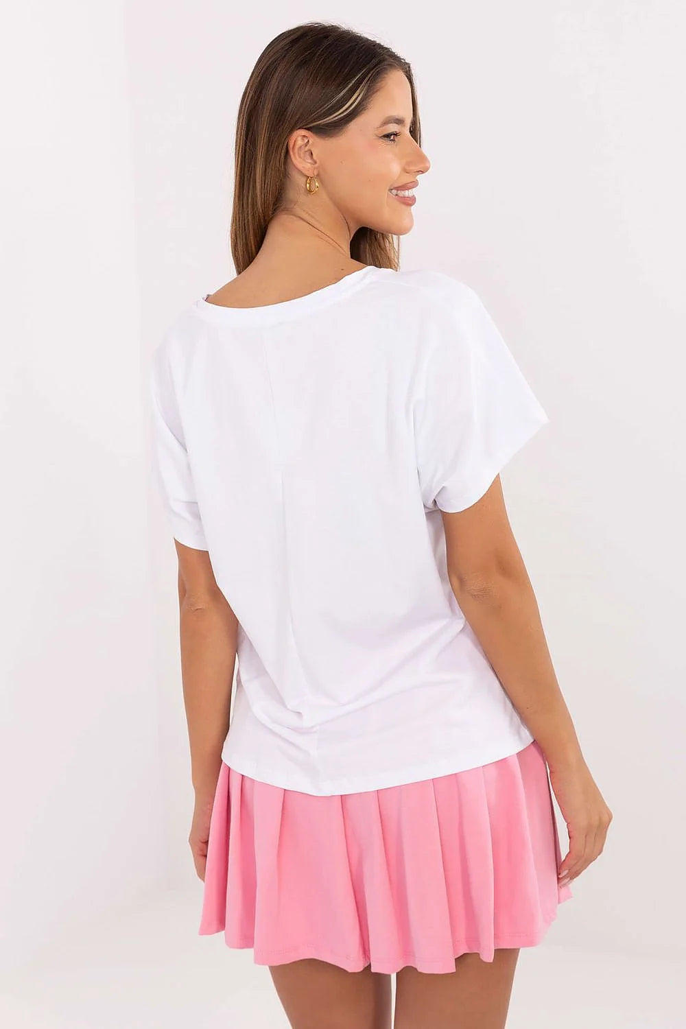 ensemble femme décontracté tshirt coton élasthanne colV imprimé BROOKLYN oversize jersey doux jupe plissée taillehaute rosepastel