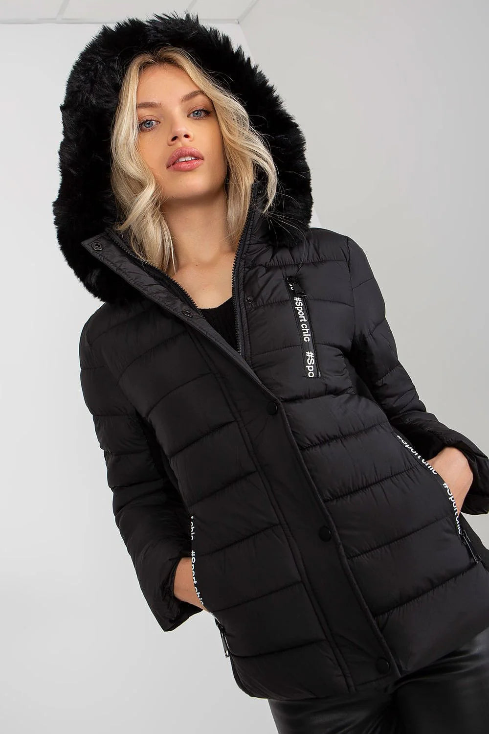 Veste d'hiver pour femme en duvet matelassée manches longues capuche détachable fourrure décorative fermeture éclair et boutons-pression polyester 100 %