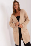 Cardigan long pour femmes style décontracté élégant coupe ouverte manches longues poches latérales matière douce coloris beige neutre occasion多种