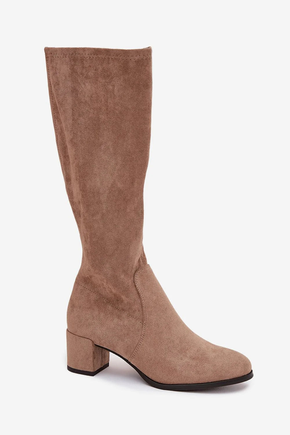 bottes hautes femme suédine taupe montantes genou arrondi talon bloc confortable doublure fourrure douce fermeture éclair latérale semelle contrastée noire