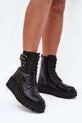 bottines femme combat plateforme cuir synthétique noir tige mollet laçage fermeture éclair latérale boucle métallique semelle crantée doublure fourrure