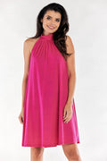 robe soirée courte trapèze fluide fuchsia scintillant col montant plissé halter sans manches plis buste doublure élastique Pologne qualité