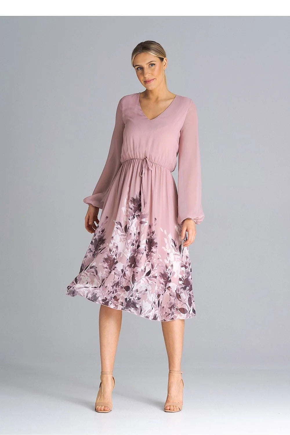 Robe de jour élégante polyester V-neck manches longues élastiquées taille ajustable occasion semi-formelle femmes