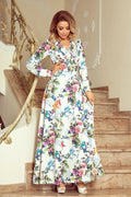 robe jour Numoco longue éthérée imprimé floral manches longues décolleté V fluide satinée cintrée taille jupe évasée romantique estivale cérémonie