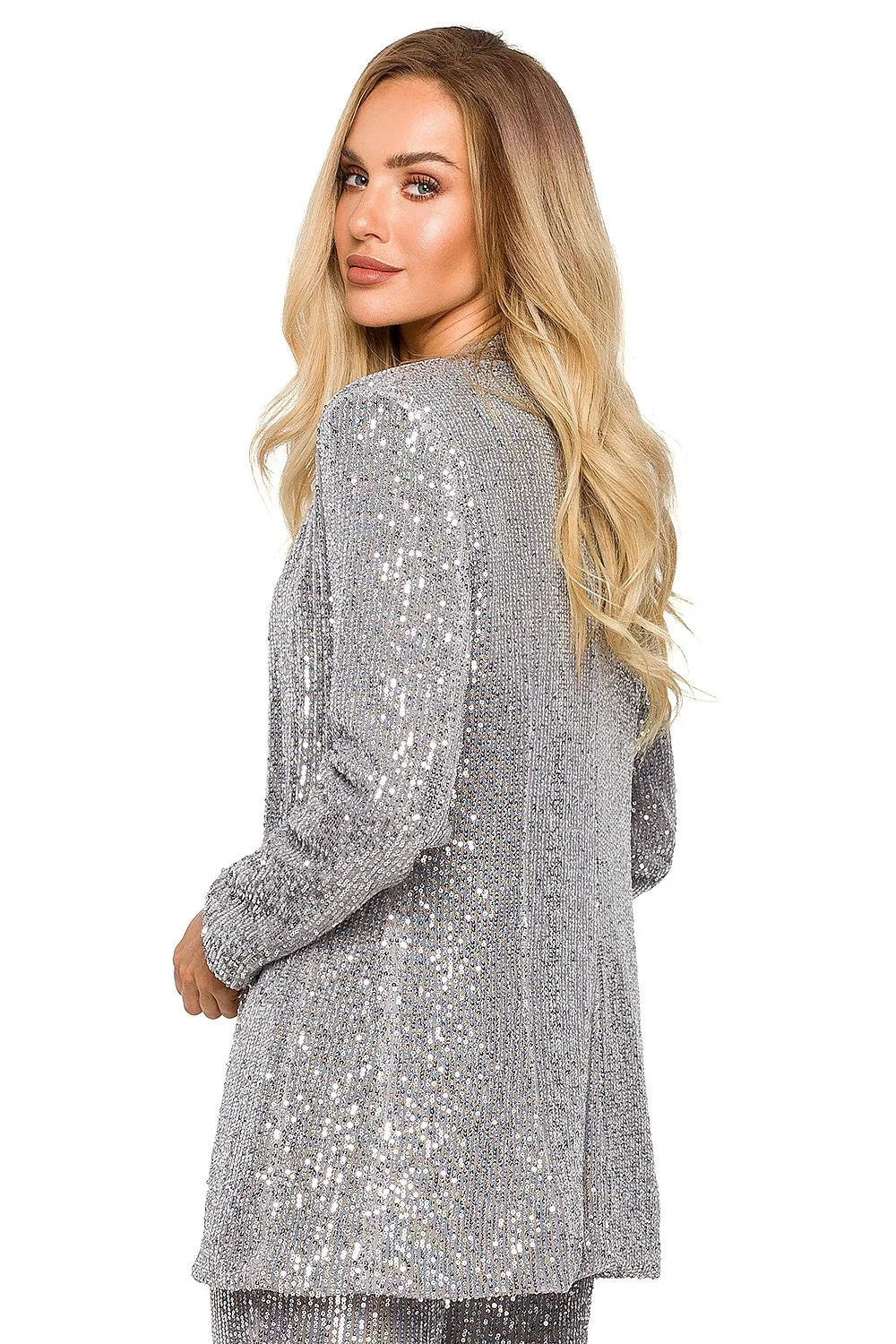 Veste de fête scintillante argentée longue élégante pour femme, style moderne chic coupe droite sequins brillants polyester 100 %
