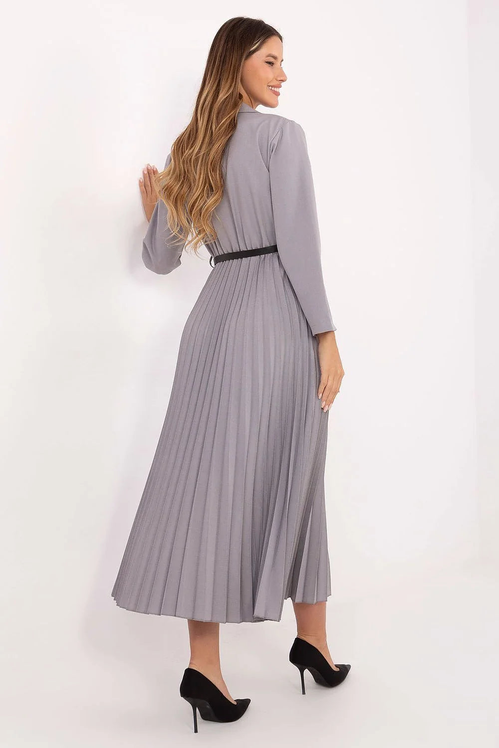 robe maxi évasée élégante professionnelle marin col classique plissée mouvement légère féminine manches longues ceinture cintrée viscose polyester