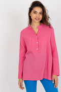 Chemisier Och Bella Femme Rose Vif Mao Boutons Blancs Tissu Gaufré Confortable Coupe Ample Manches Longues Polyvalent