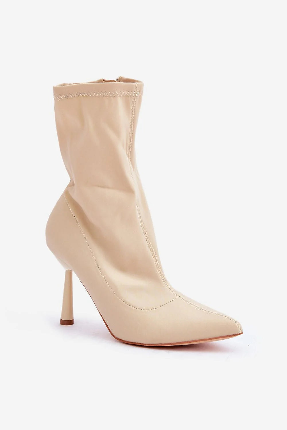Bottes à talons stiletto pointues en simili cuir beige clair pour femme, style moderne, confortable, fermeture éclair latérale, hauteur de tige 19 cm, talon 9 cm