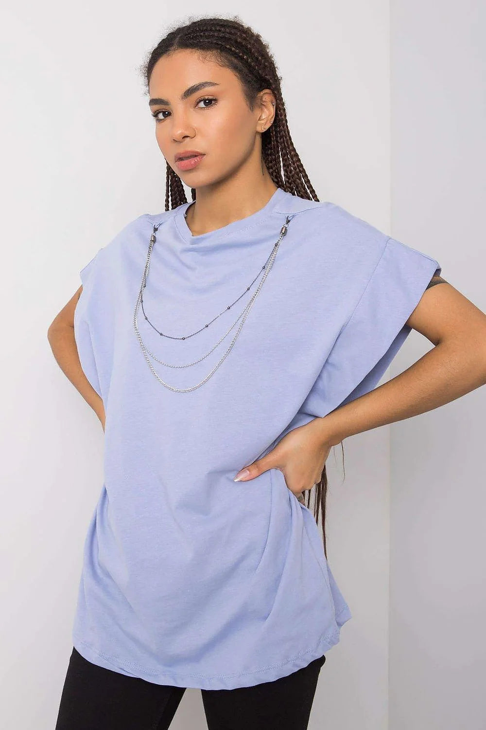 Chemisier femme Casual Chic Tissu Coton Lavande Doux Coupe Large Manches Courtes Chaînes Métalliques Détachables