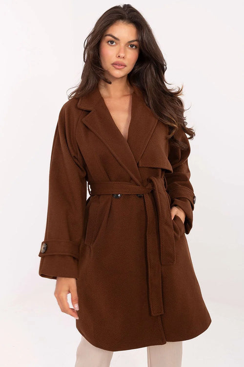 manteau femme mi cuisse ceinturé tissu texturé effet laine marron chocolat oversize col revers boutons doubles poches latérales