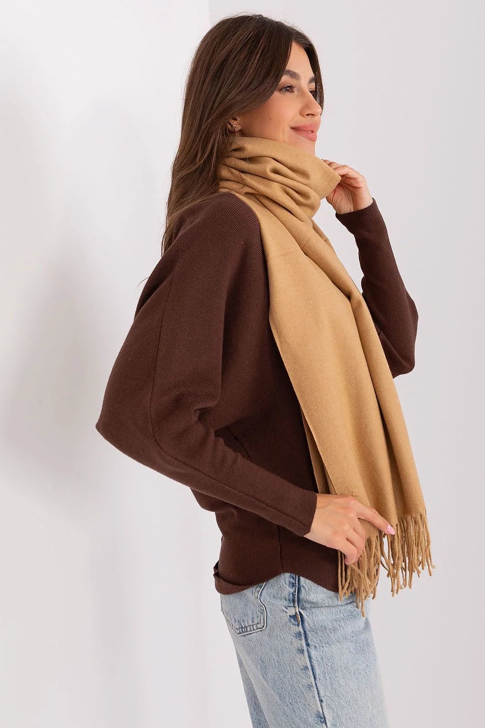 Écharpe classique pour femme en laine/cachemire, hiver, style intemporel, beige camel, franges, longueur 196 cm, châle AT