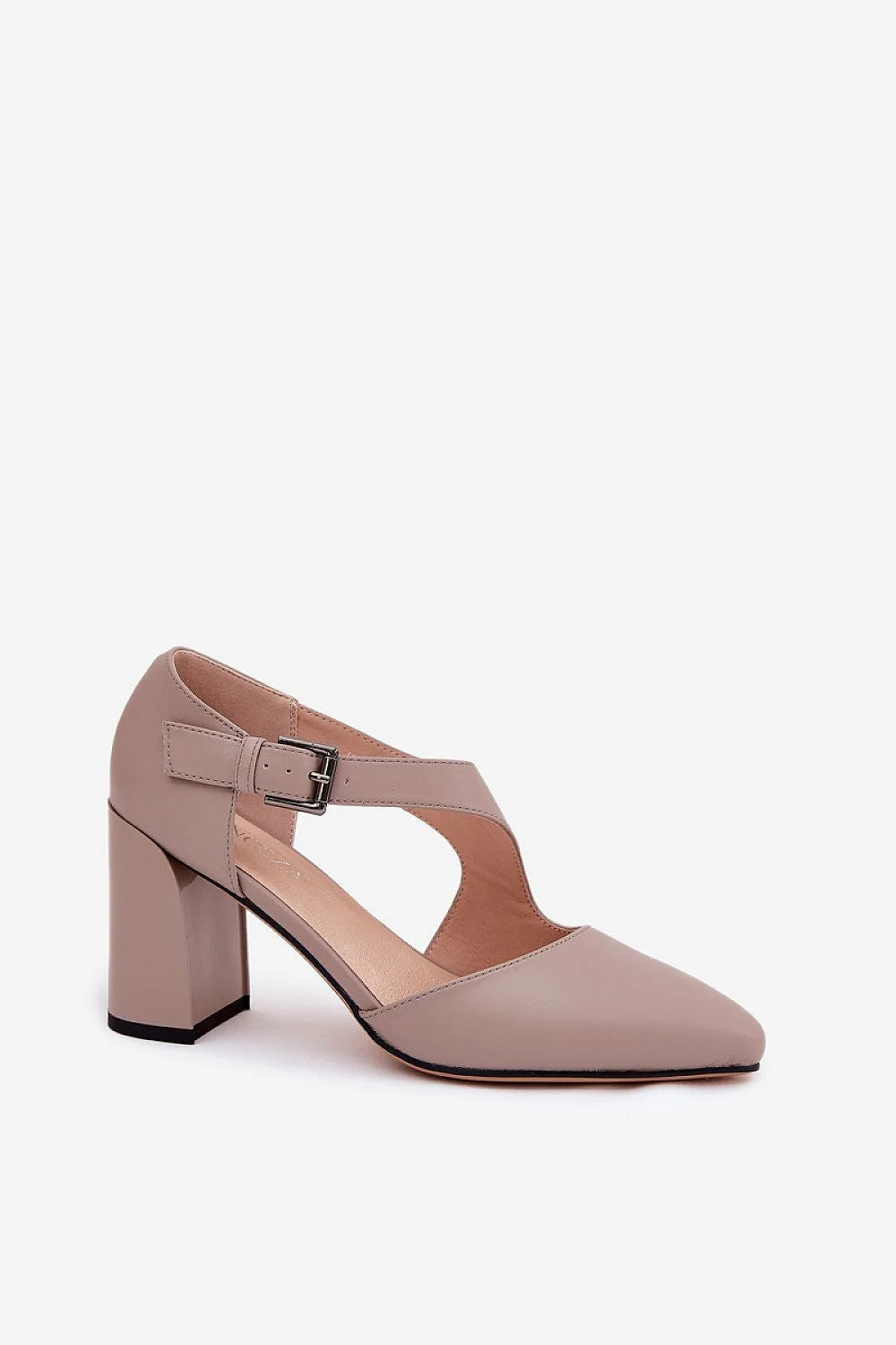 escarpins talon bloc haut Vinceza cuir naturel taupe bout pointu bride T boucle métal argentée confortables stables semelle noire contrastante