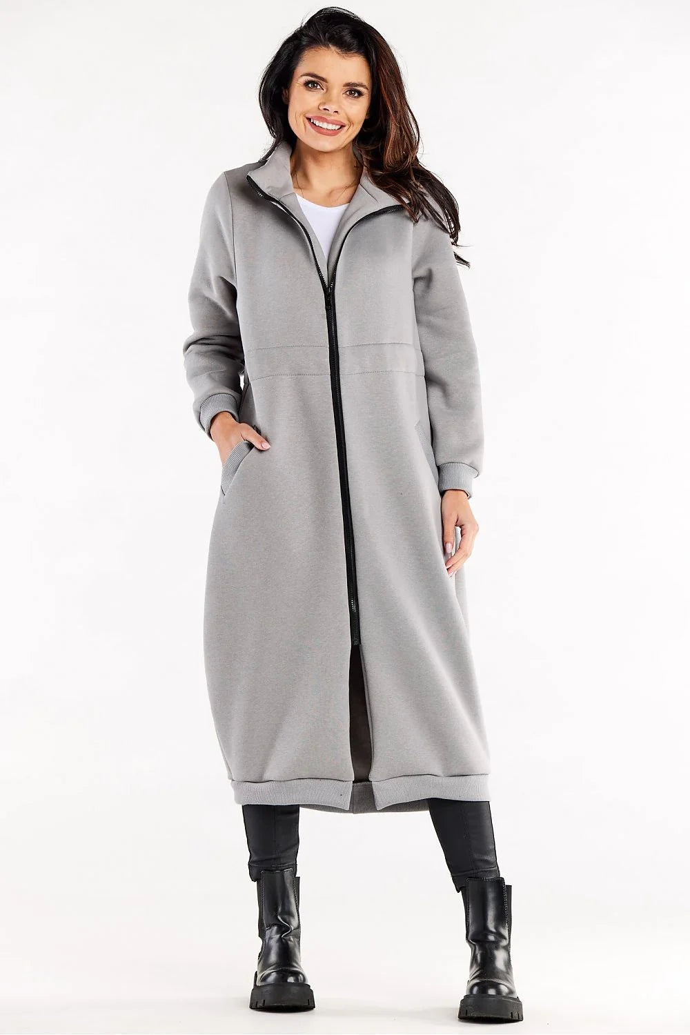 sweatshirt long zippé femme oversize gris clair col montant manches longues molletonné coton élasthanne poches latérales