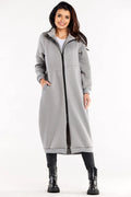 sweatshirt long zippé femme oversize gris clair col montant manches longues molletonné coton élasthanne poches latérales