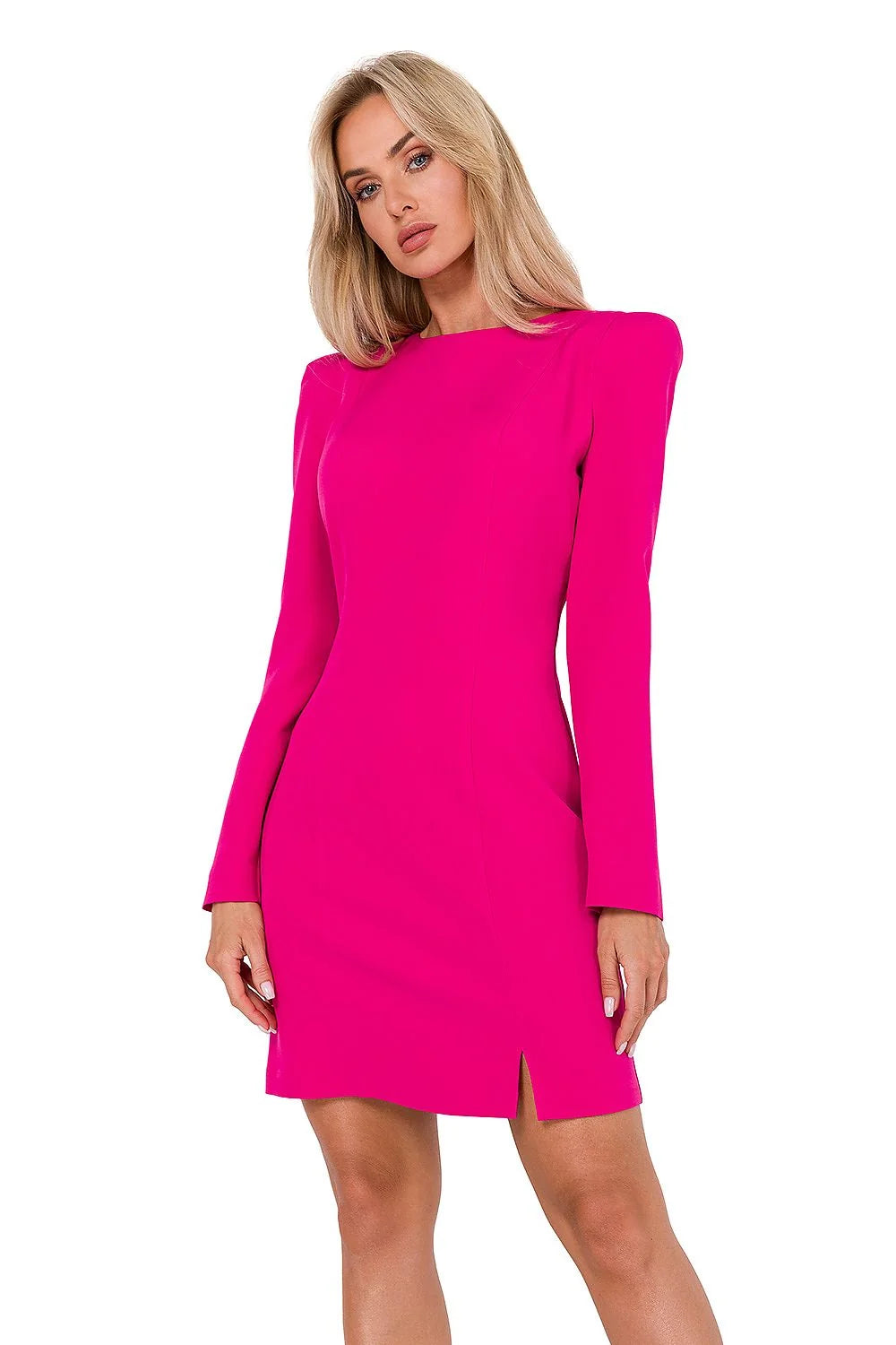 Robe de jour élégante modern style rose fuchsia manches longues coupe ajustée fente devant femme
