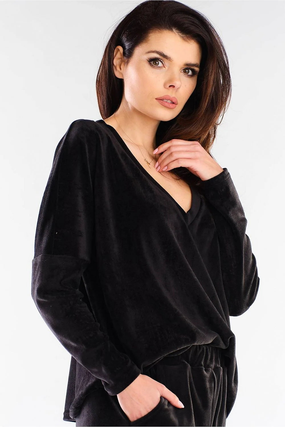 Sweatshirt femme en velours rose vif col V confortable manches longues style décontracté moderne