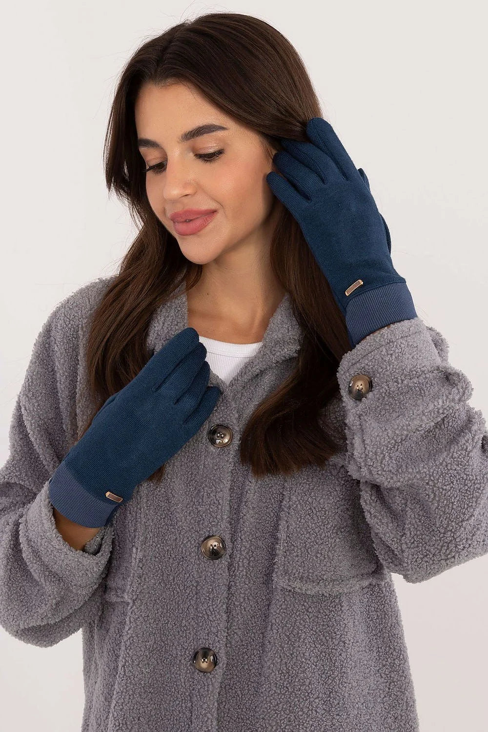 Gants en tissu lisse et côtelé bleu marine urban style plaque dorée poignet élastiqué fleur brodée index smartphone friendly femmes hiver