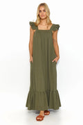 robe longue bohème chic olive kaki bretelles volantées encolure carrée coupe ample fluide fronces poitrine ourlet volants poches