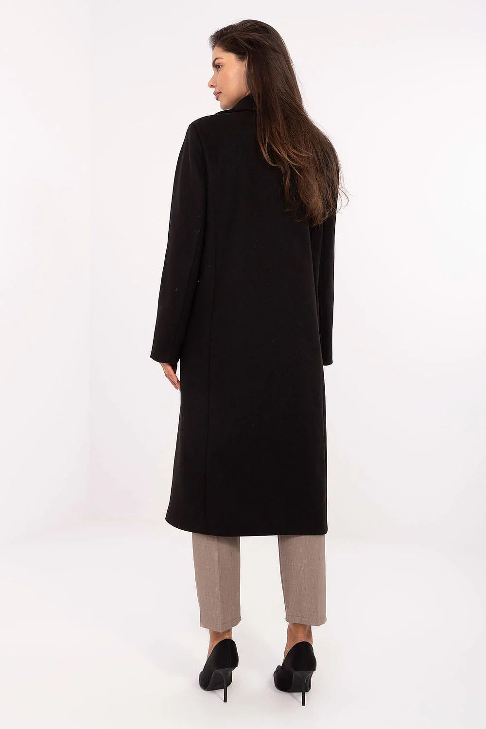 manteau long femme coupe droite oversize noir col tailleur revers deux boutons poches rabat doublé léger polyvalent automne hiver élégant