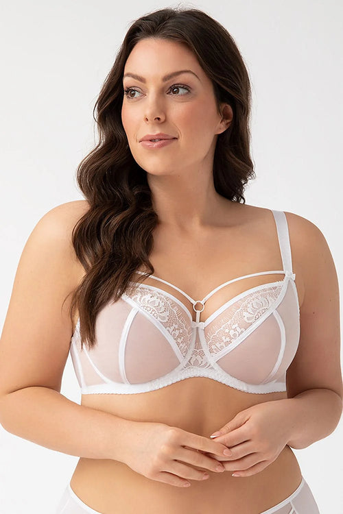 Soutien-gorge tissu stretch blanc dentelle florale tulle haute coupe bonnets pleins armatures intégrées bretelles réglables moderne raffine sexy