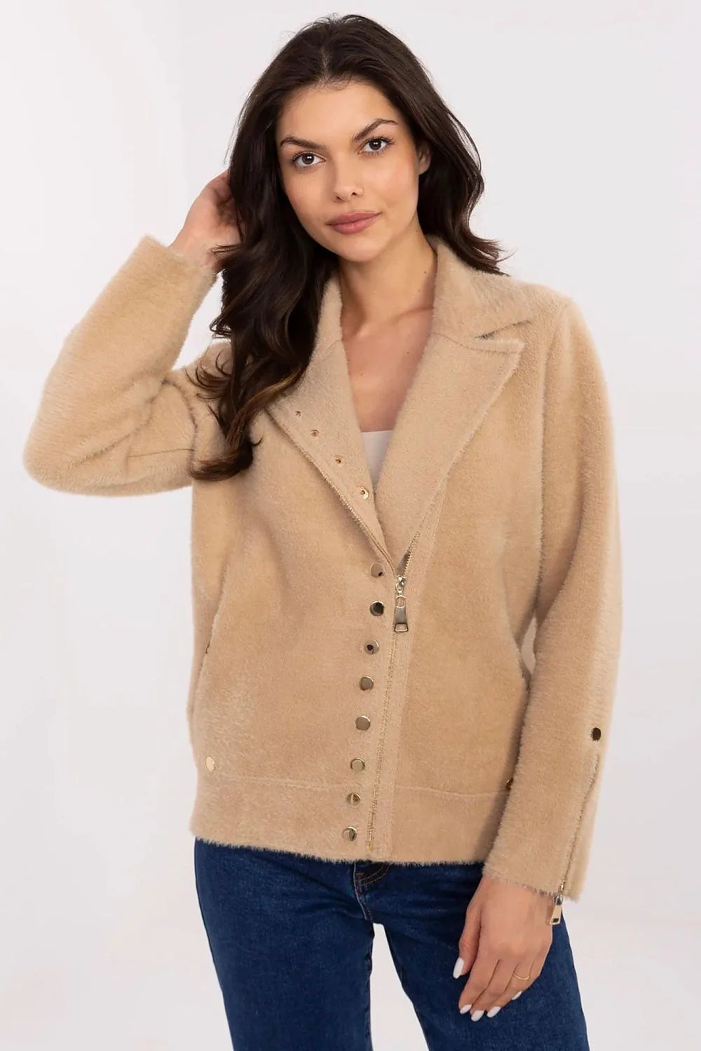 Veste élégante pour femme en laine et angora, style classique, beige clair, col à revers, boutons dorés, manches longues, coupe ajustée, automne hiver printemps