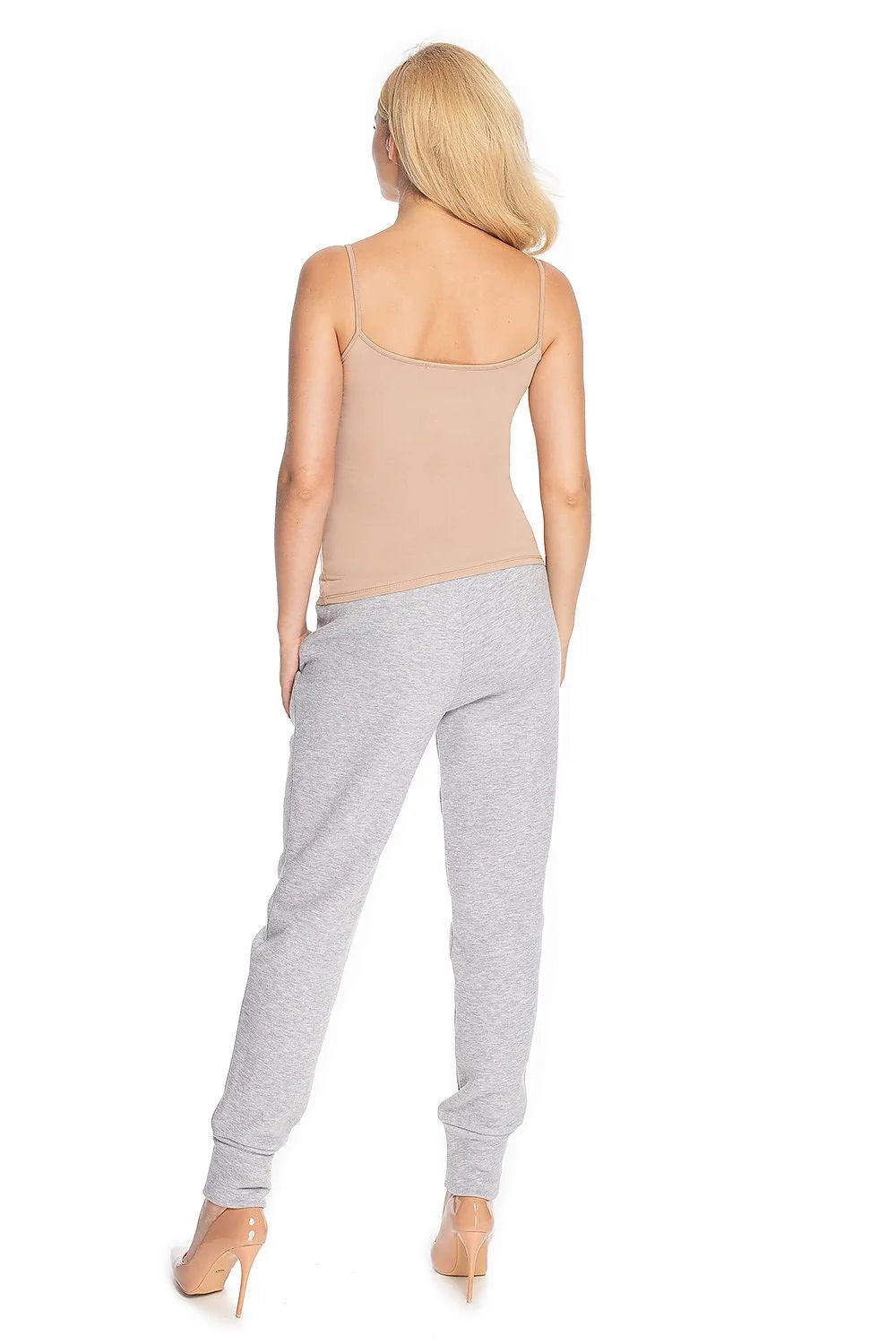 Pantalon maternité coton extensible confortable coupe ample gris chiné ceinture élastique haute futures mamans