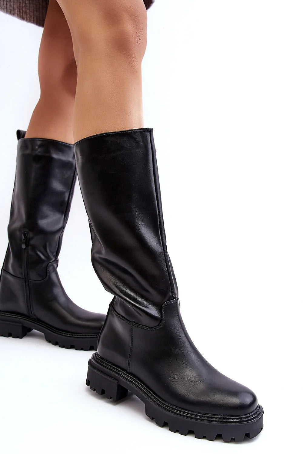 bottes hautes femme cuir synthétique noir tige35cm genou silhouette ajustée mollet doublure isolante semelle crantée plateforme épaisse talon45mm