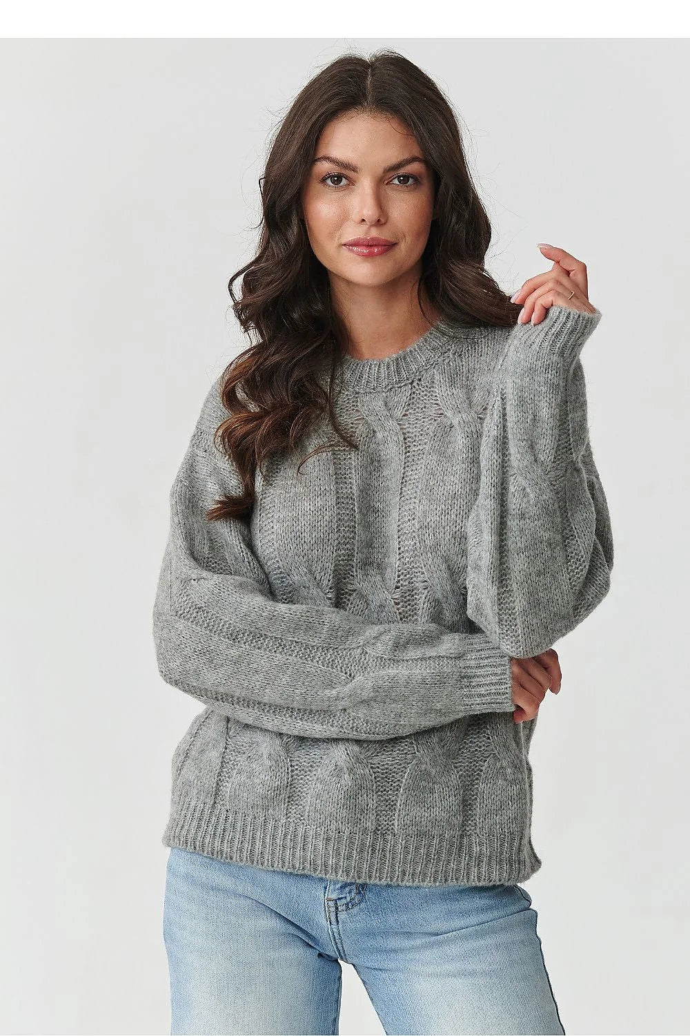 pull femme torsadée maille oversize col rond manches longues ballon gris chiné duveteuse mohair laine acrylique polyamide bords côtes poignets