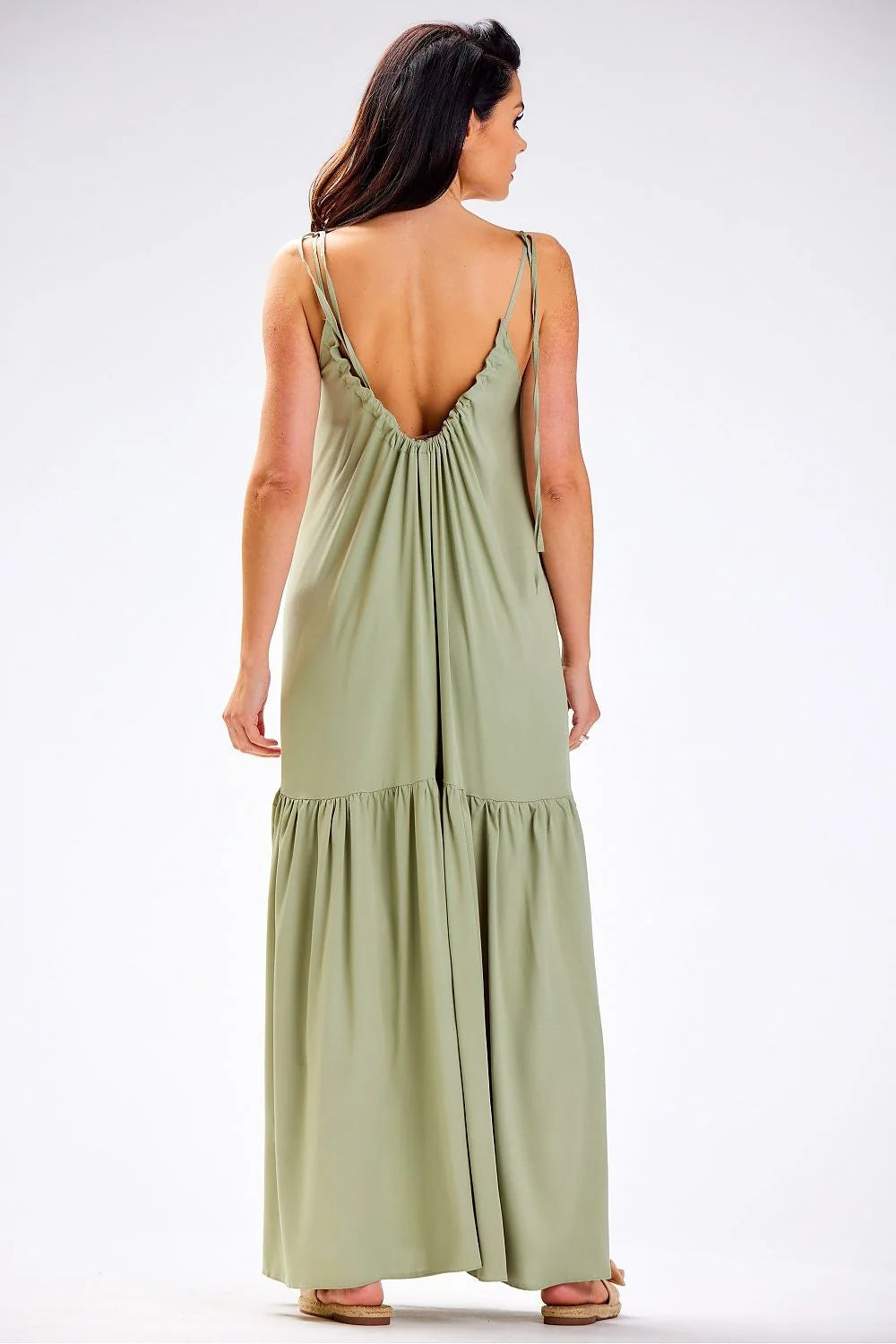 robe awama femme longue fluide ample viscose naturelle vert kaki sauge bretelles fines encolure froncée volant bas bohème chic estivale