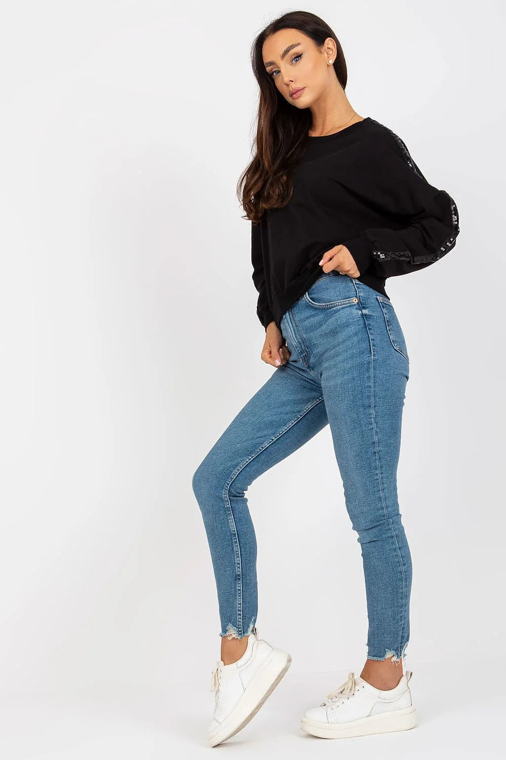 sweatshirt femme casual chic bleu marine manches longues col rond oversize bandes paillettes viscose élasthanne confort
