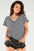 chemisier rayé noir blanc col V bordure noire coton lycra stretch manches courtes coupe ample boxy longueur hanches