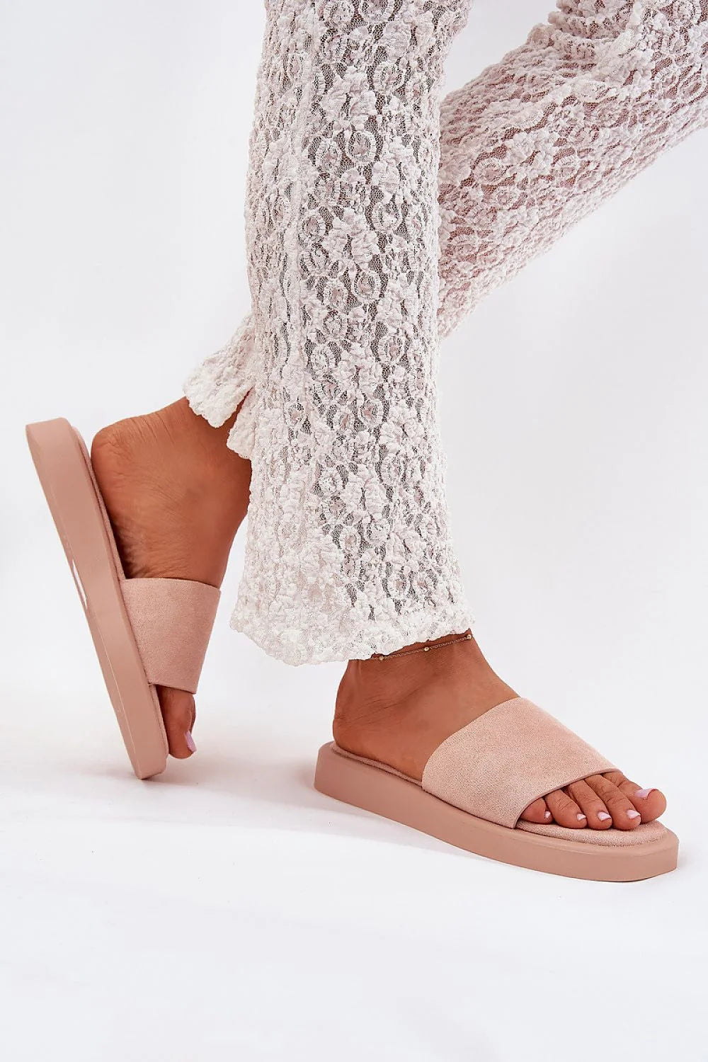 Sandales femmes mules à enfiler style moderne minimaliste bride large suedette éco-friendly semelle épaisse 2.5 cm couleur rose pâle